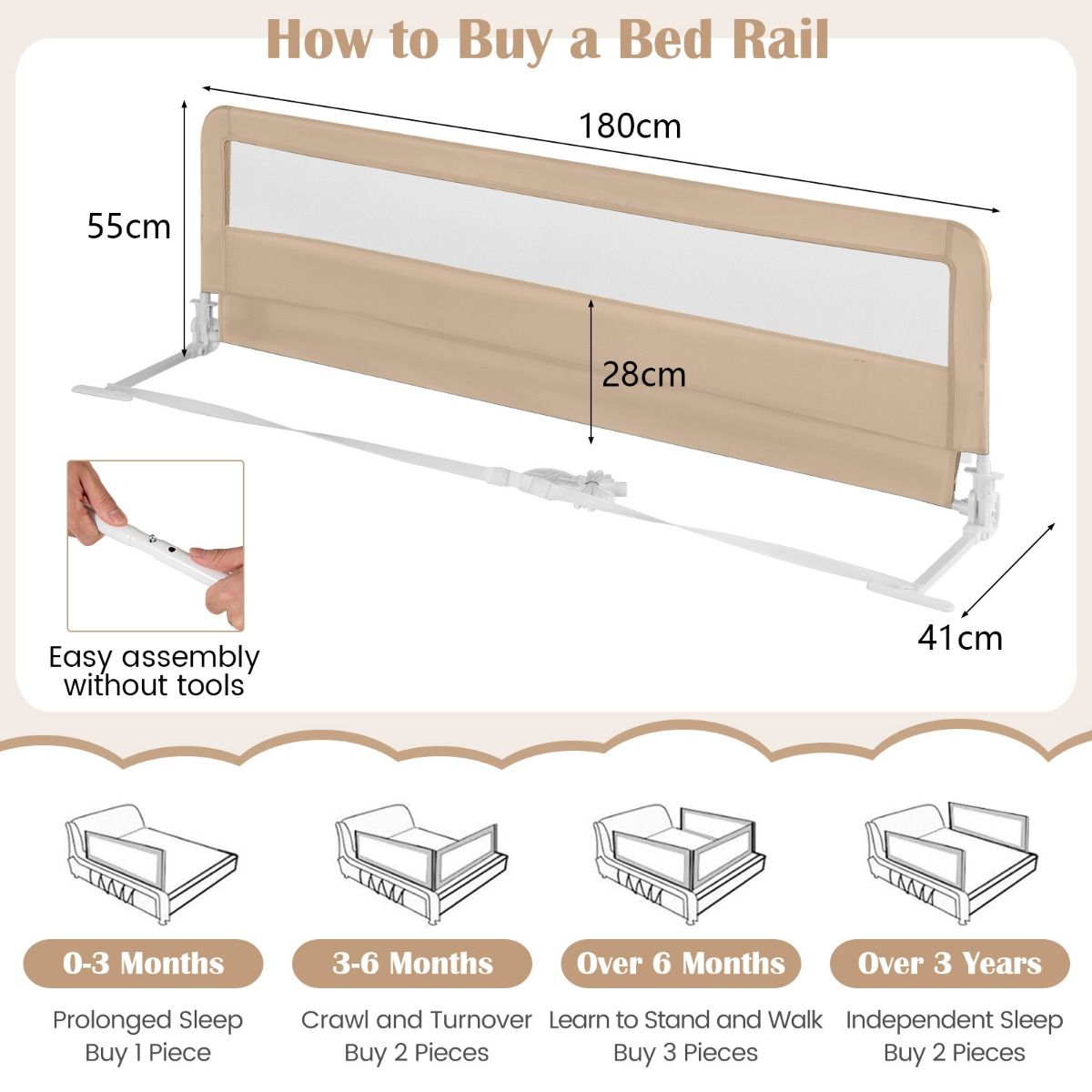 Foldable Toddler Bed Rail with Safety Straps - Beige