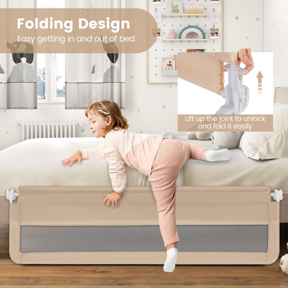 Foldable Toddler Bed Rail with Safety Straps - Beige