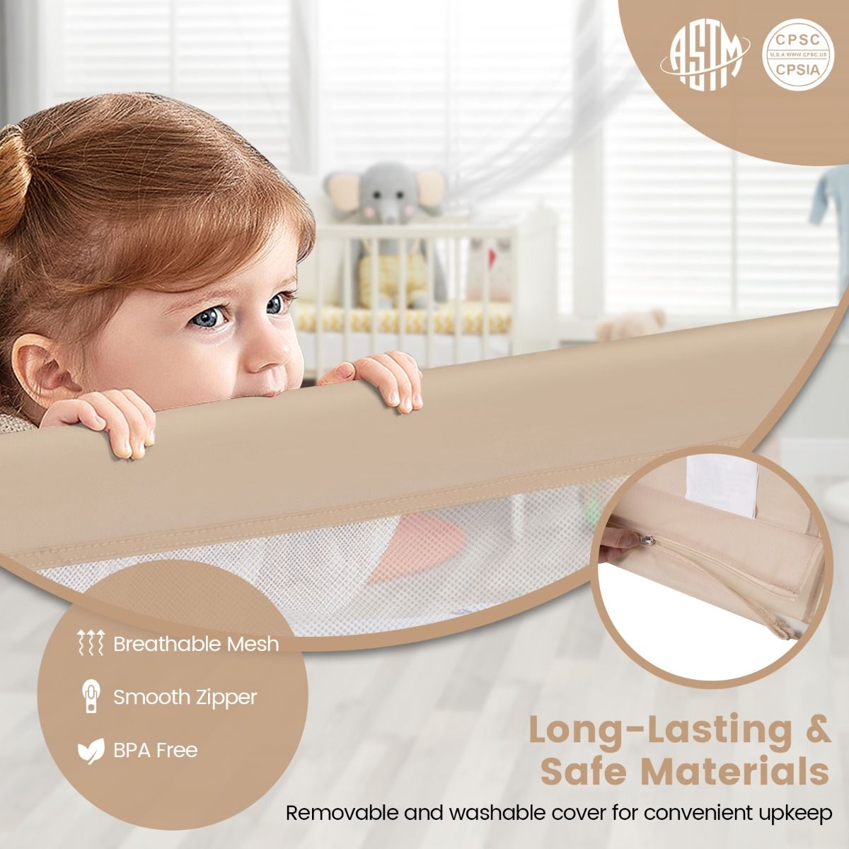 Foldable Toddler Bed Rail with Safety Straps - Beige