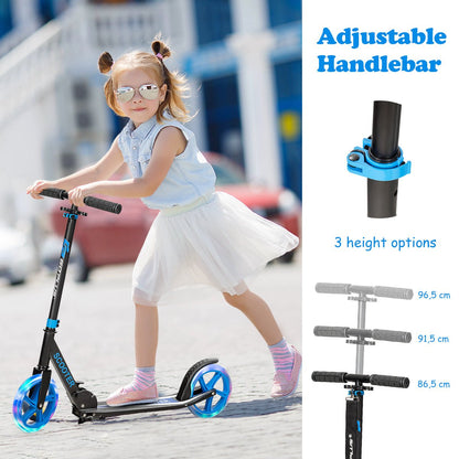 Blue folding kick scooter with LED wheel ideal for kids aged 10+, perfect for outdoor fun.