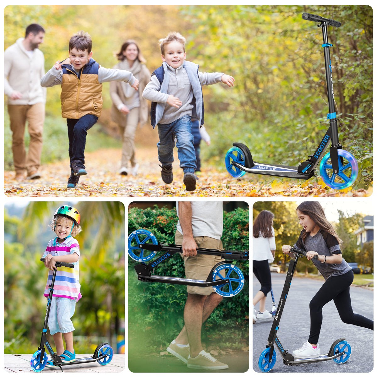 Blue LED wheel folding kick scooter for kids 10+, perfect for fun outdoor rides.