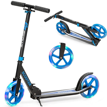 Blue LED wheel folding kick scooter for kids 10+. Enhances outdoor play with illuminated wheels.