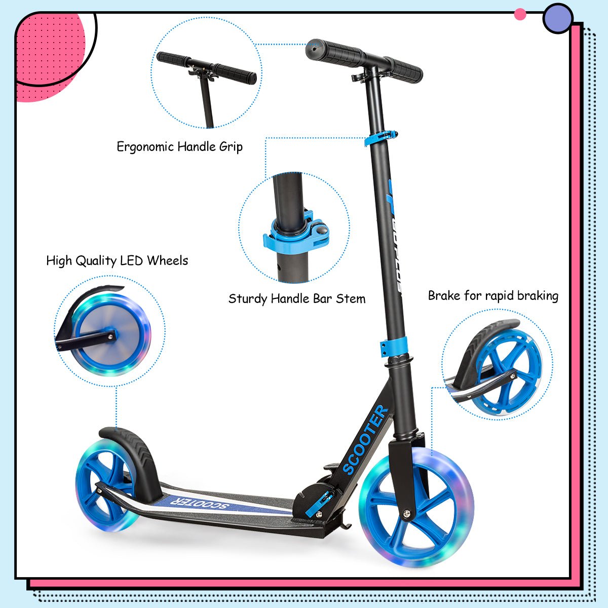 Kids blue LED folding kick scooter for ages 10+, with light-up wheels, ideal for outdoor fun.