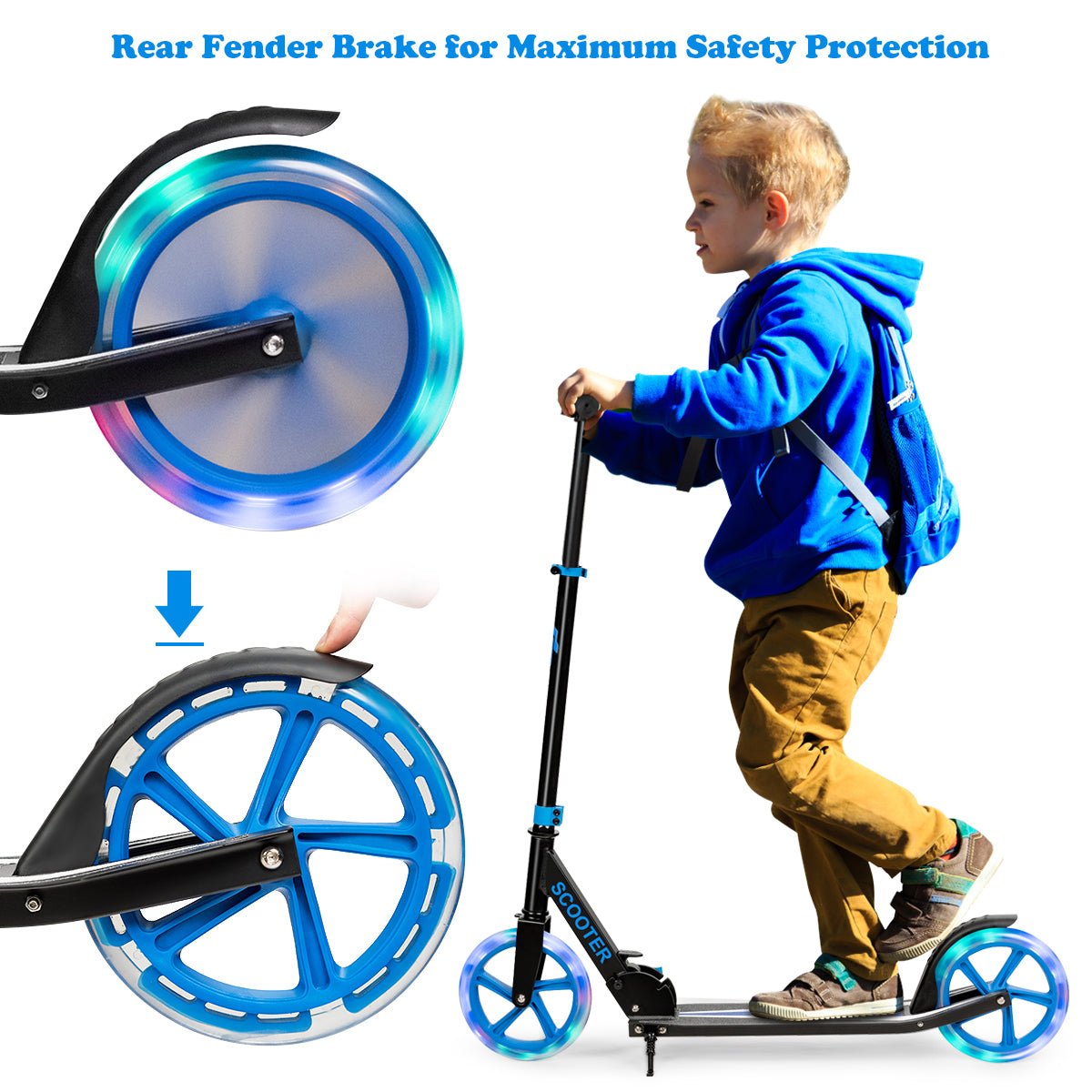 Blue LED wheel folding kick scooter for kids 10+; ideal for fun at home.