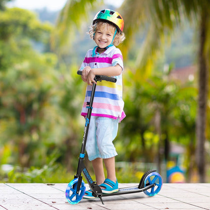 Blue LED wheel folding kick scooter for kids 10+ for fun and easy home rides.