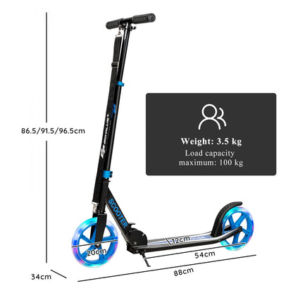 Blue LED wheel folding kick scooter for kids 10+. Fun and safe outdoor activity for children.