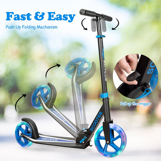 Blue LED wheel folding kick scooter for kids 10+, perfect for outdoor fun and exercise.