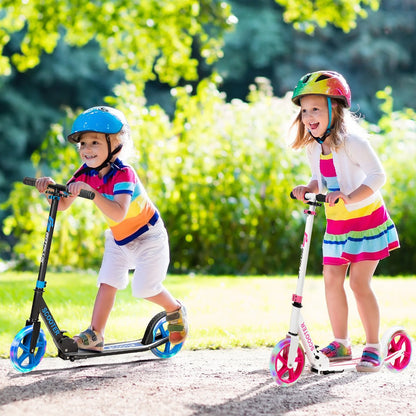 Blue LED folding kick scooter for kids 10+ with light-up wheels for outdoor fun.