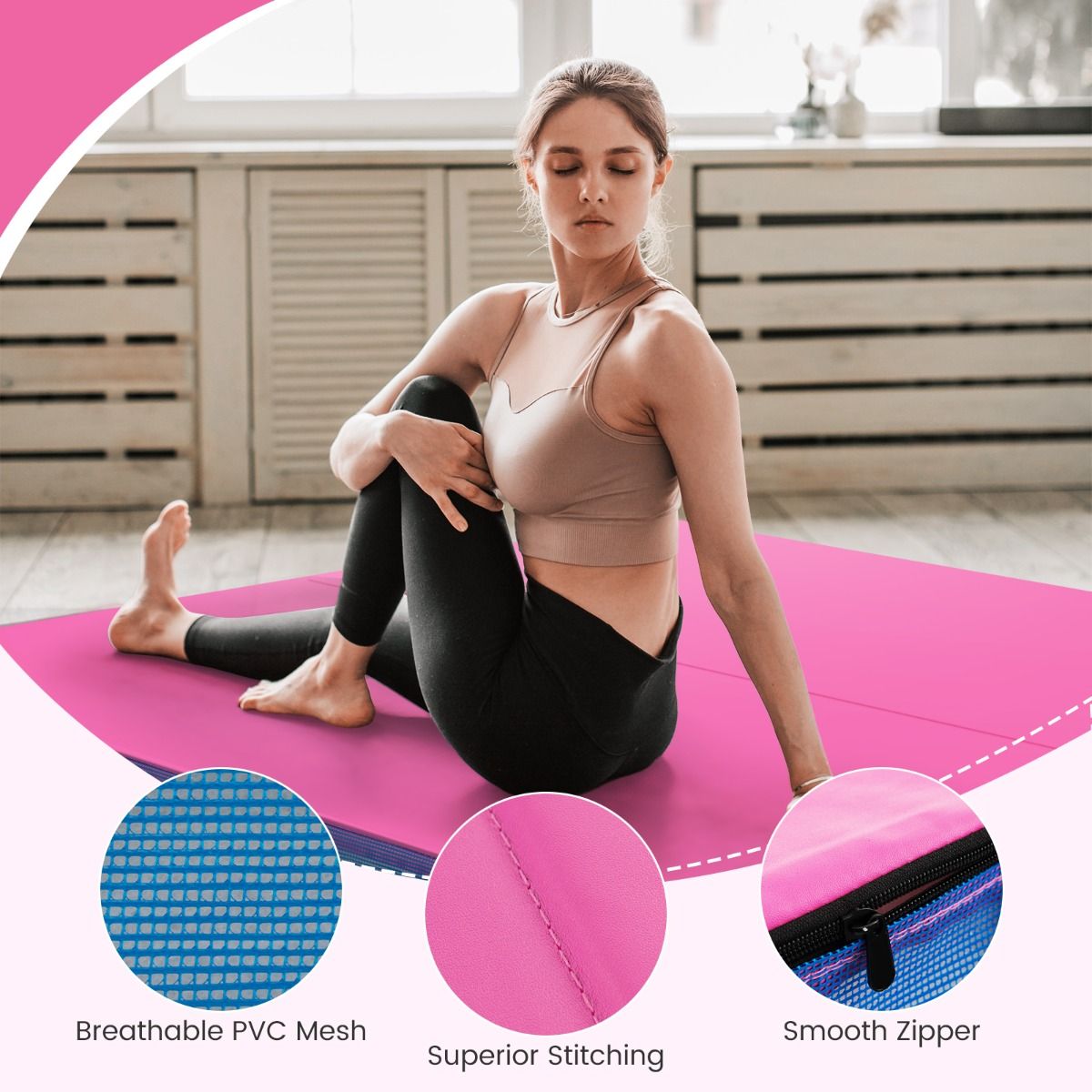 Folding Gymnastic Mat | PU Leather 10cm Thick Pink Exercise Mat