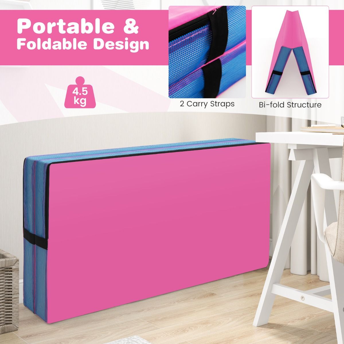 Folding Gymnastic Mat | PU Leather 10cm Thick Pink Exercise Mat