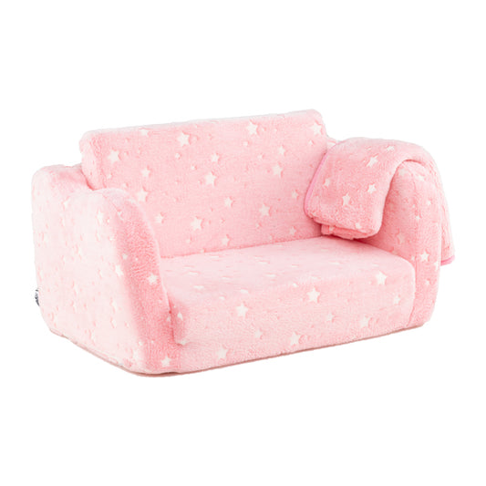  2-in-1 Folding Kids Couch with Blanket for 3+ Kids-Pink