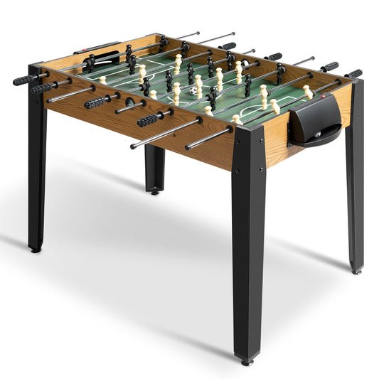 Wooden foosball table with score counter and 2 balls for indoor soccer game fun.