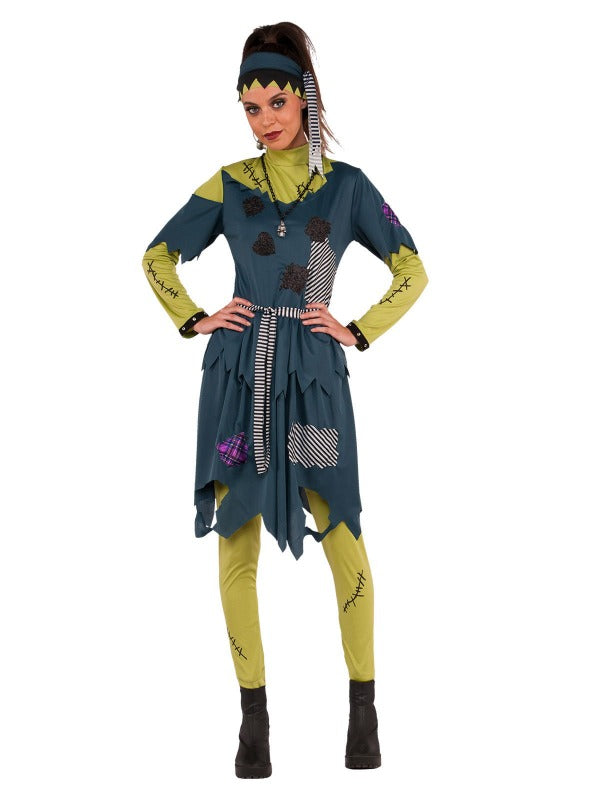 Franny Stein costume dress with accessories for kids Halloween, featuring Frankenstein design.