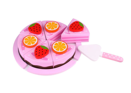 Colorful fruit cake toy for imaginative play, perfect for kids pretend kitchen activities.