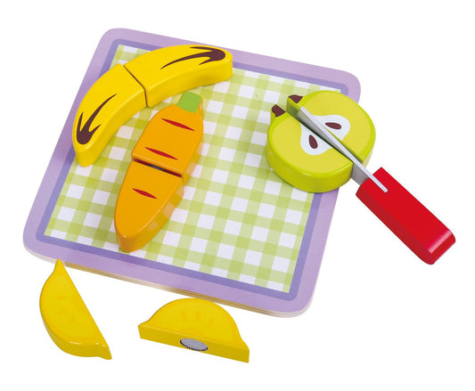 Colorful fruit cutting play set for kids, promoting imaginative play and motor skills development.