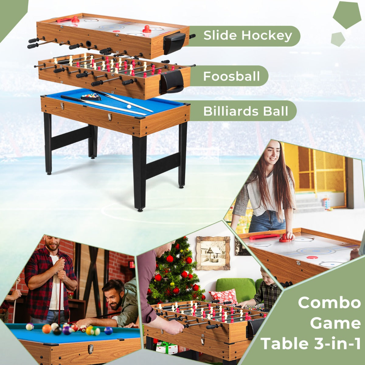 Kid-friendly 3-in-1 game table featuring foosball, hockey, and billiards for family fun