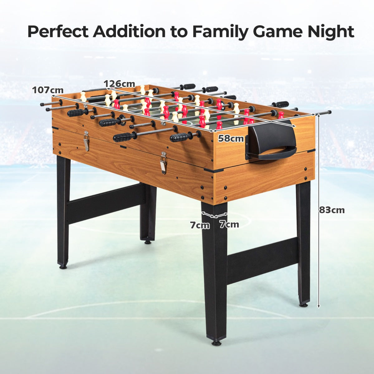 Multi-game table set with foosball, hockey, and billiards for kids interactive family fun.