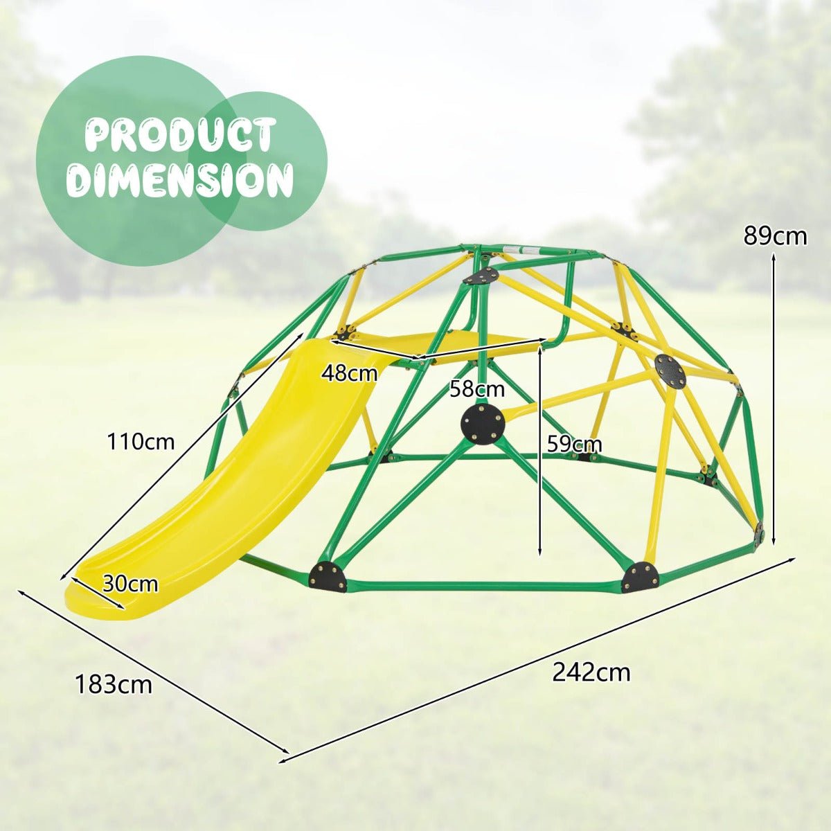 Geometric dome climber with slide and platform for kids active play outdoors.