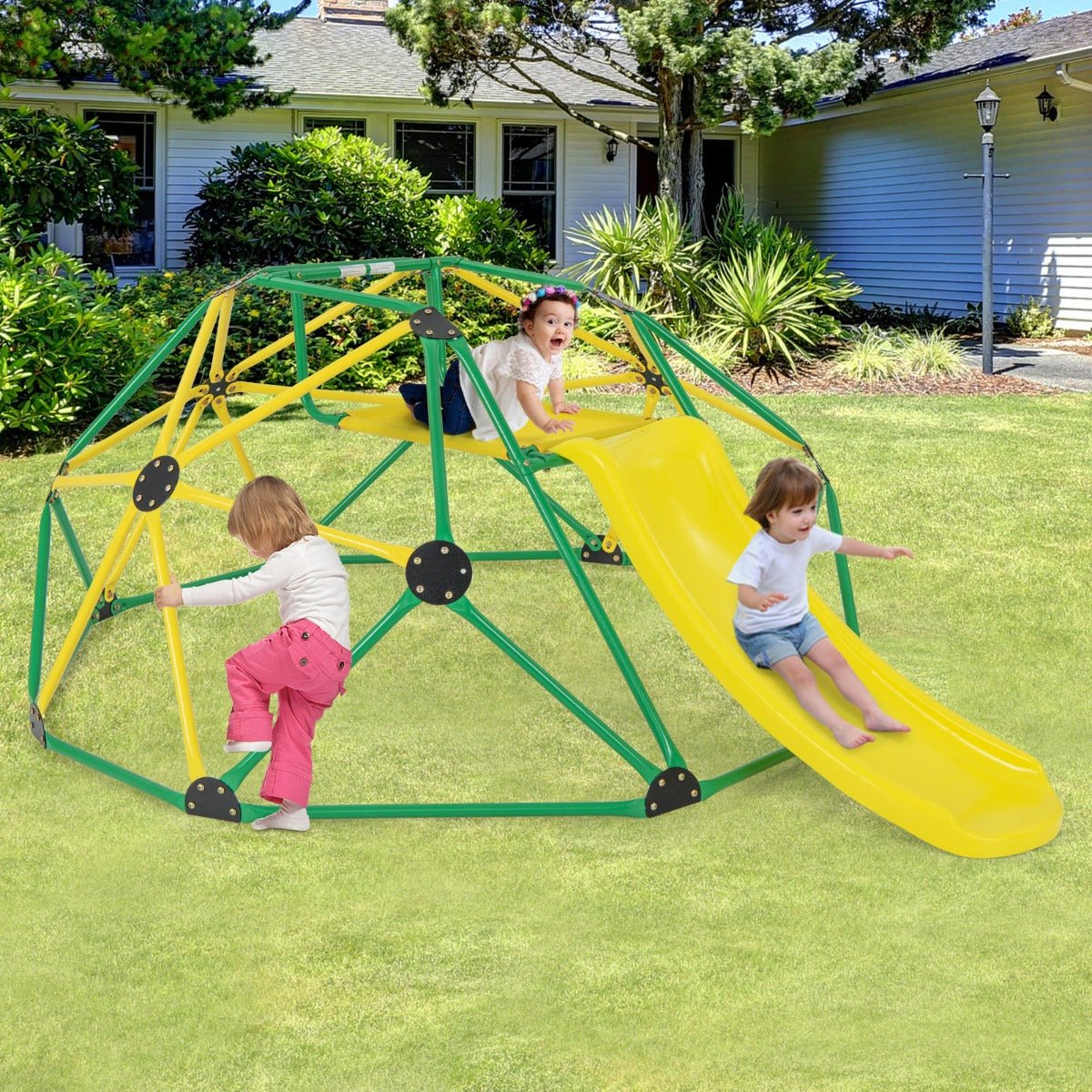 Kids outdoor dome climber with slide and platform for active backyard playtime