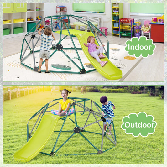 Childrens climbing dome with slide and fabric platform for outdoor play, ages 3-10.