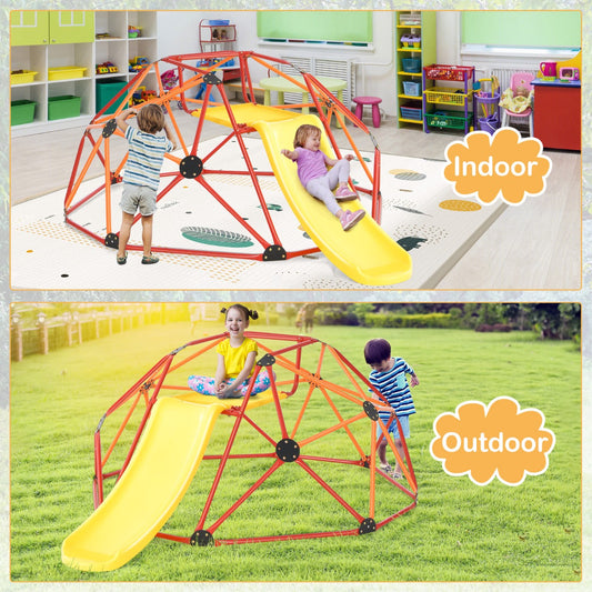 Orange climbing dome and slide combo for kids aged 3-10, ideal backyard playground set.