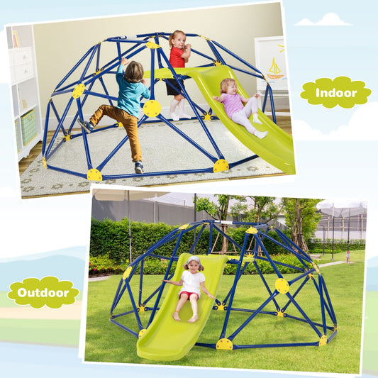 Colorful Geometric Kids Climbing Dome with Slide and Platform for outdoor play.