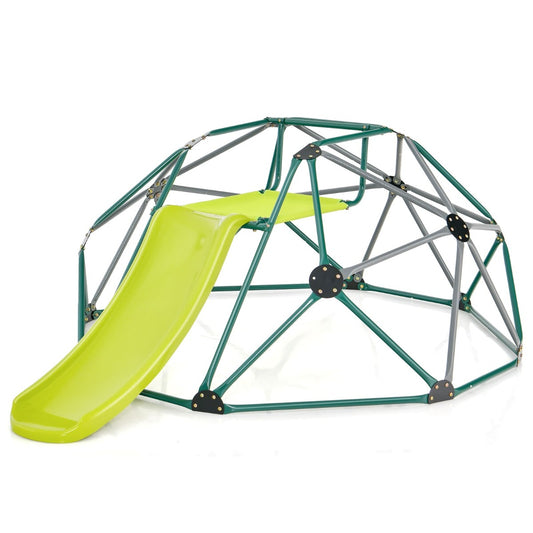 Kids climbing dome with slide and fabric platform, ideal for outdoor play ages 3-10.