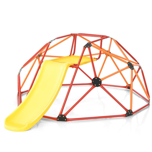 Orange outdoor climbing dome with slide and fabric platform for kids aged 3-10.