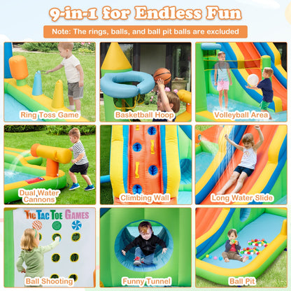 Colorful 9-in-1 Inflatable Water Slide | Splash Pool & Climb Wall