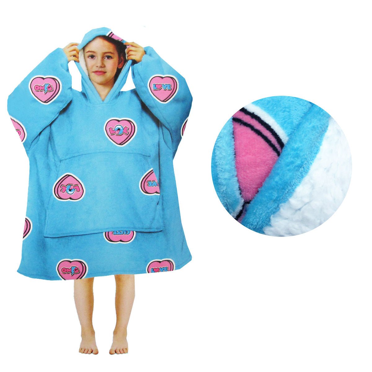 Kids Sherpa Fleece Hoodie Blanket featuring hearts design, cozy for lounging and bedtime.