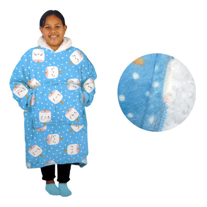 Kids Sherpa Blanket Hoodie with reversible marshmallow design, perfect for cozy home comfort.