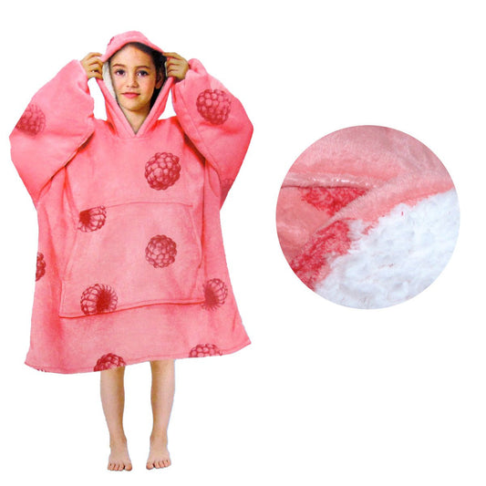 Kids reversible blanket hoodie in raspberry sherpa, combines warmth and comfort for winter coziness.