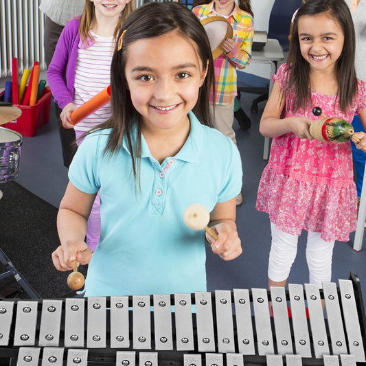 Kids glockenspiel bell kit with practice drum and stand for music play and learning.