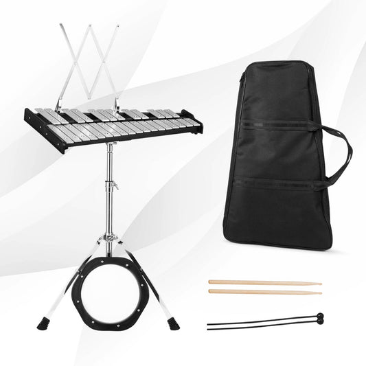 Kids 30-Note Glockenspiel Bell Kit with Stand and Drum for music learning at home.