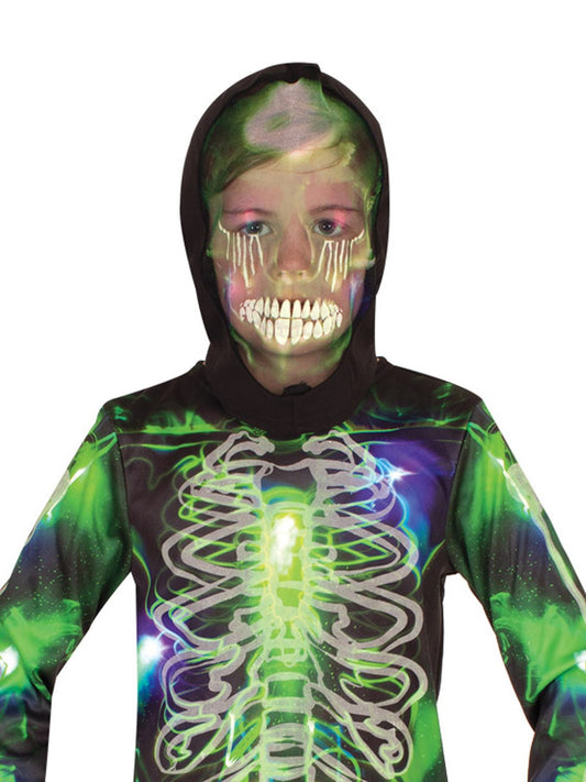 Kids glow-in-the-dark skeleton costume perfect for Halloween dress-up at home.