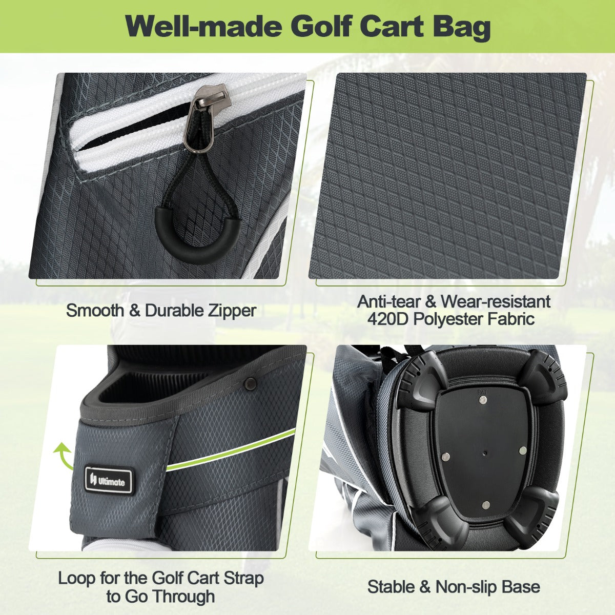 Green Golf Cart Bag | 15-Way Dividers & 7 Zippered Pockets