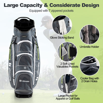 Green Golf Cart Bag | 15-Way Dividers & 7 Zippered Pockets