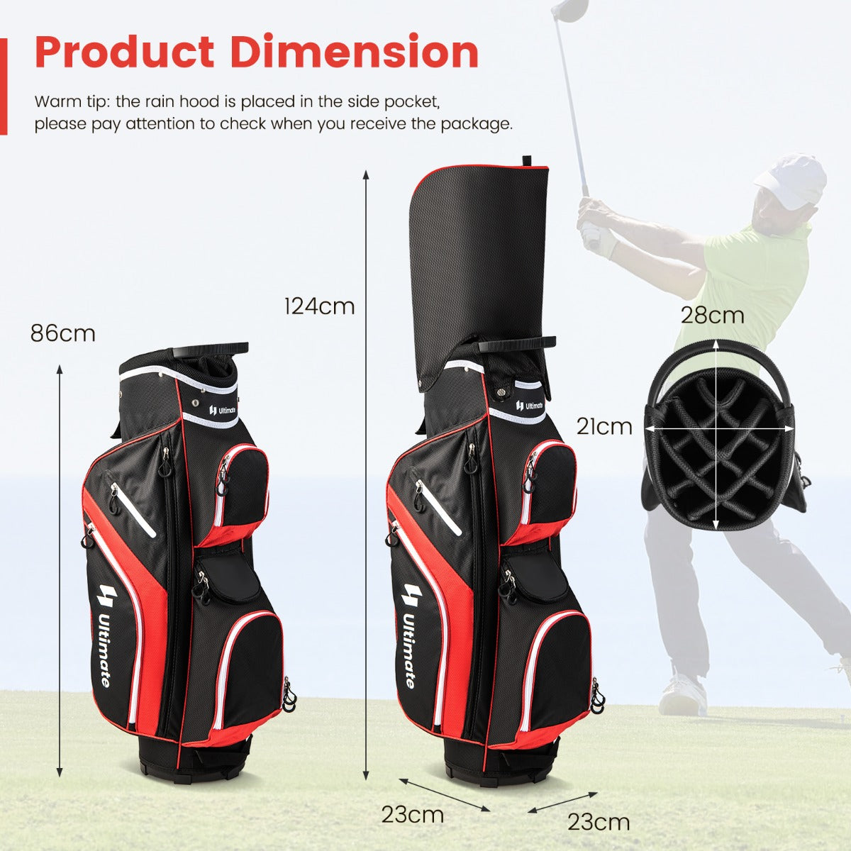 Red Golf Cart Bag | 14 Way Dividers 9 Pockets Cooler