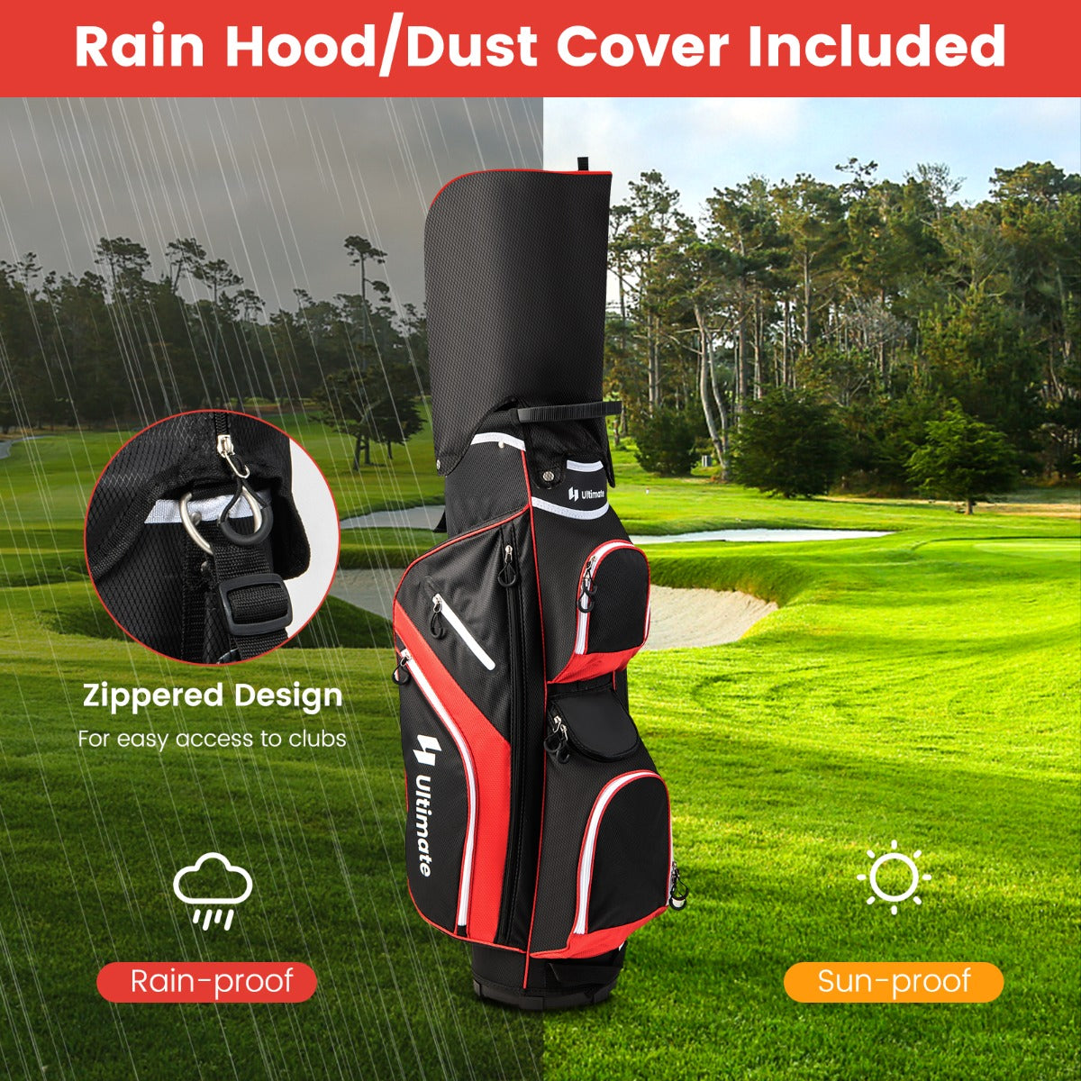 Red Golf Cart Bag | 14 Way Dividers 9 Pockets Cooler