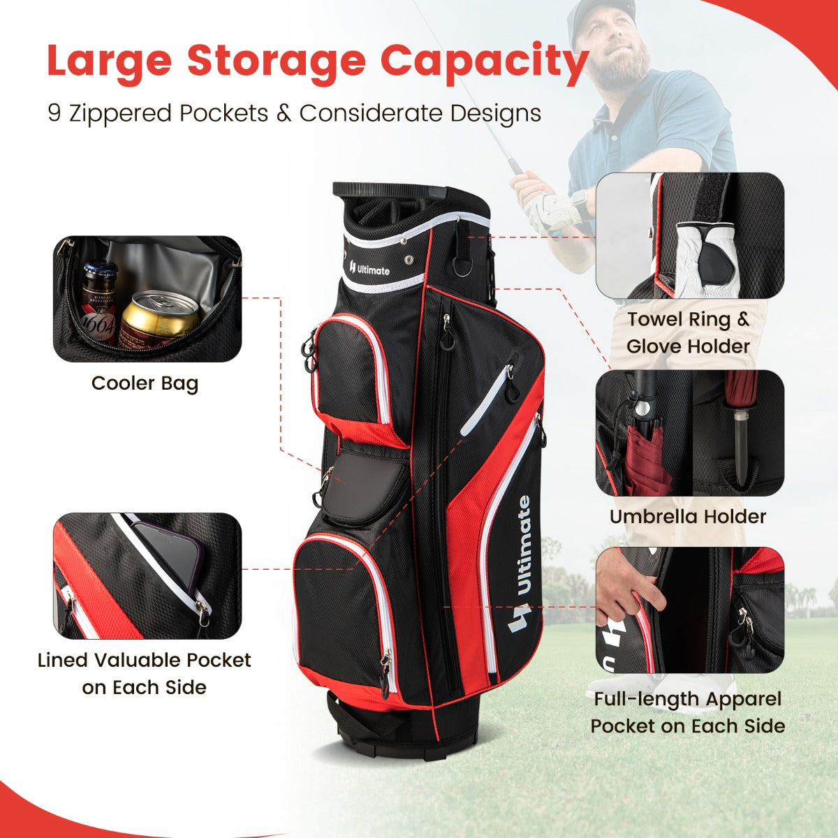 Red Golf Cart Bag | 14 Way Dividers 9 Pockets Cooler