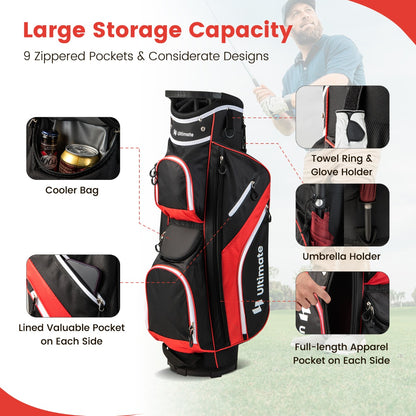 Red Golf Cart Bag | 14 Way Dividers 9 Pockets Cooler