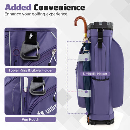 Golf Cart Bag 14 Way Dividers 11 Pockets Purple | Lightweight
