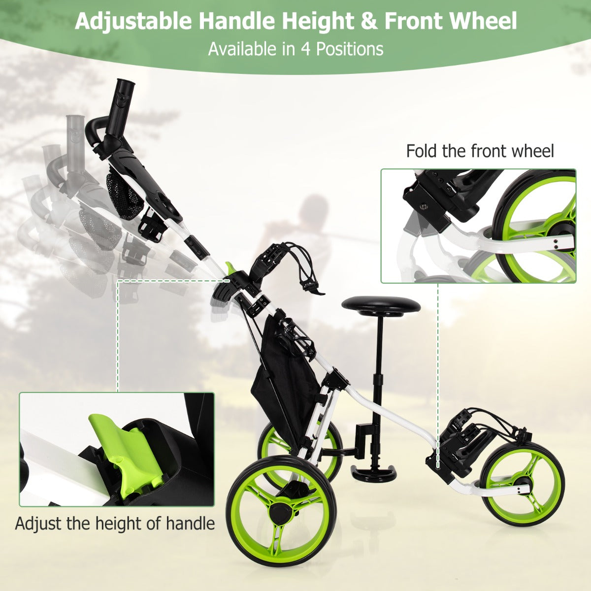 3 Wheel Golf Push Cart with Adjustable Handle | Green | 30lbs