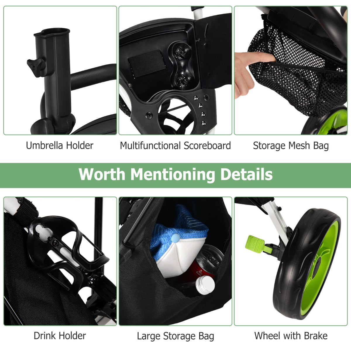 3 Wheel Golf Push Cart with Adjustable Handle | Green | 30lbs