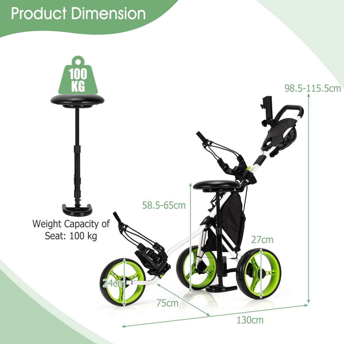 3 Wheel Golf Push Cart with Adjustable Handle | Green | 30lbs