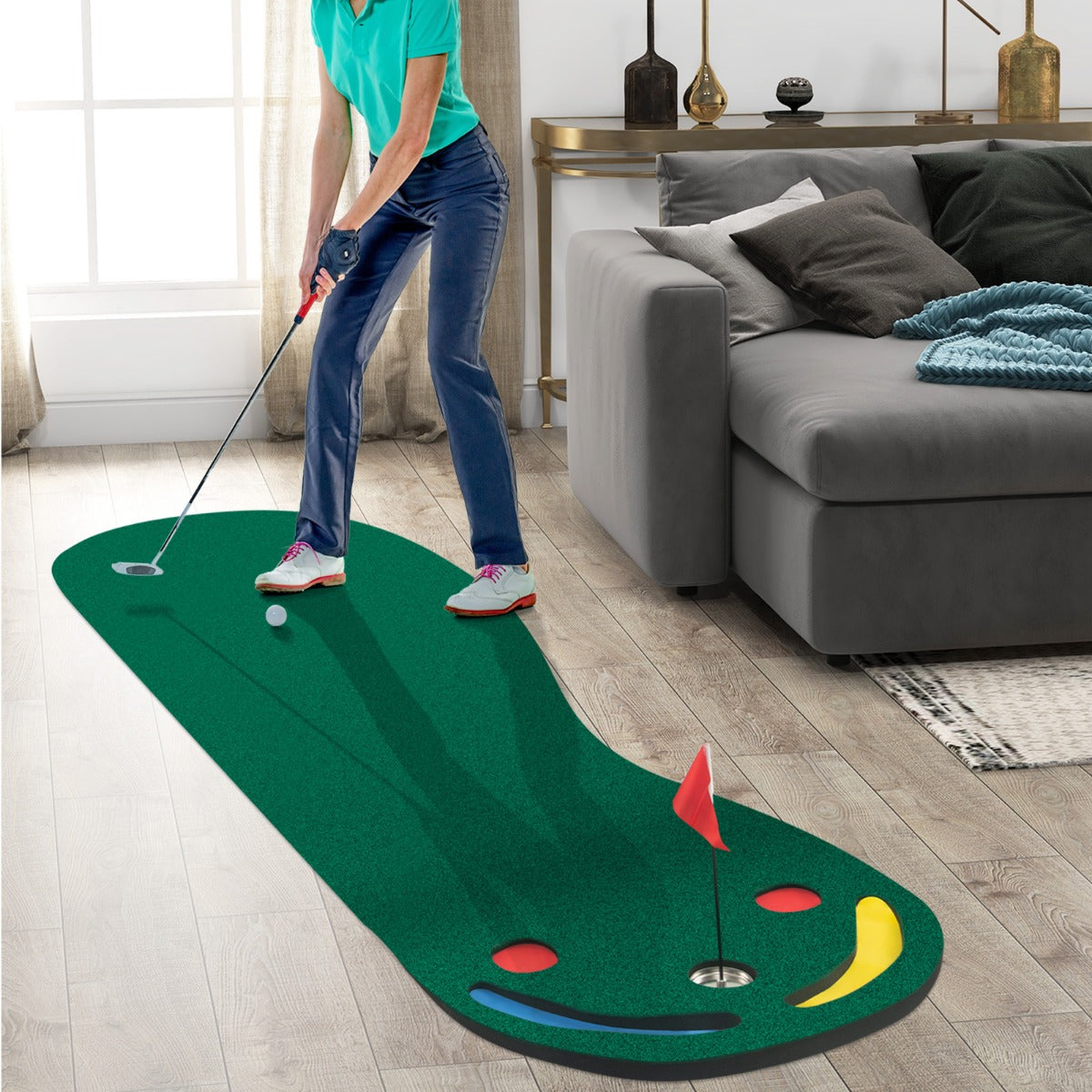Green Golf Putting Mat | 3 Cups & Flag | Portable Practice Set