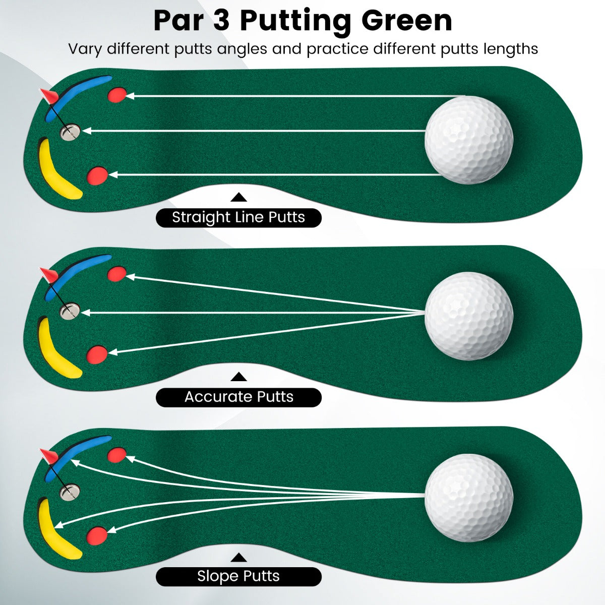 Green Golf Putting Mat | 3 Cups & Flag | Portable Practice Set