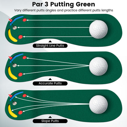 Green Golf Putting Mat | 3 Cups & Flag | Portable Practice Set
