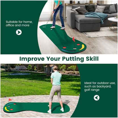 Green Golf Putting Mat | 3 Cups & Flag | Portable Practice Set