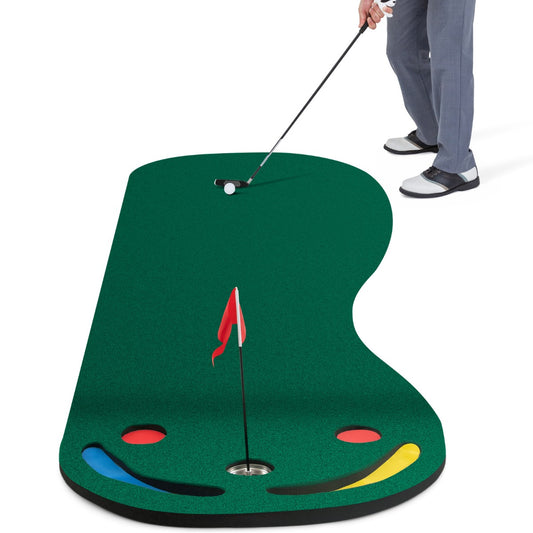 Green Golf Putting Mat | 3 Cups & Flag | Portable Practice Set